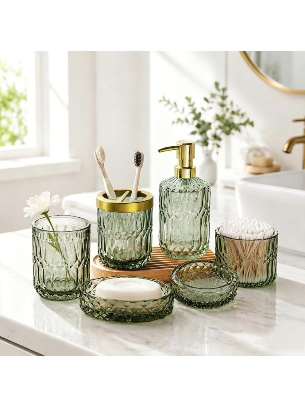 5-Piece Green Bathroom Accessories Set - Glass Dispenser, Soap Dish, Toothbrush